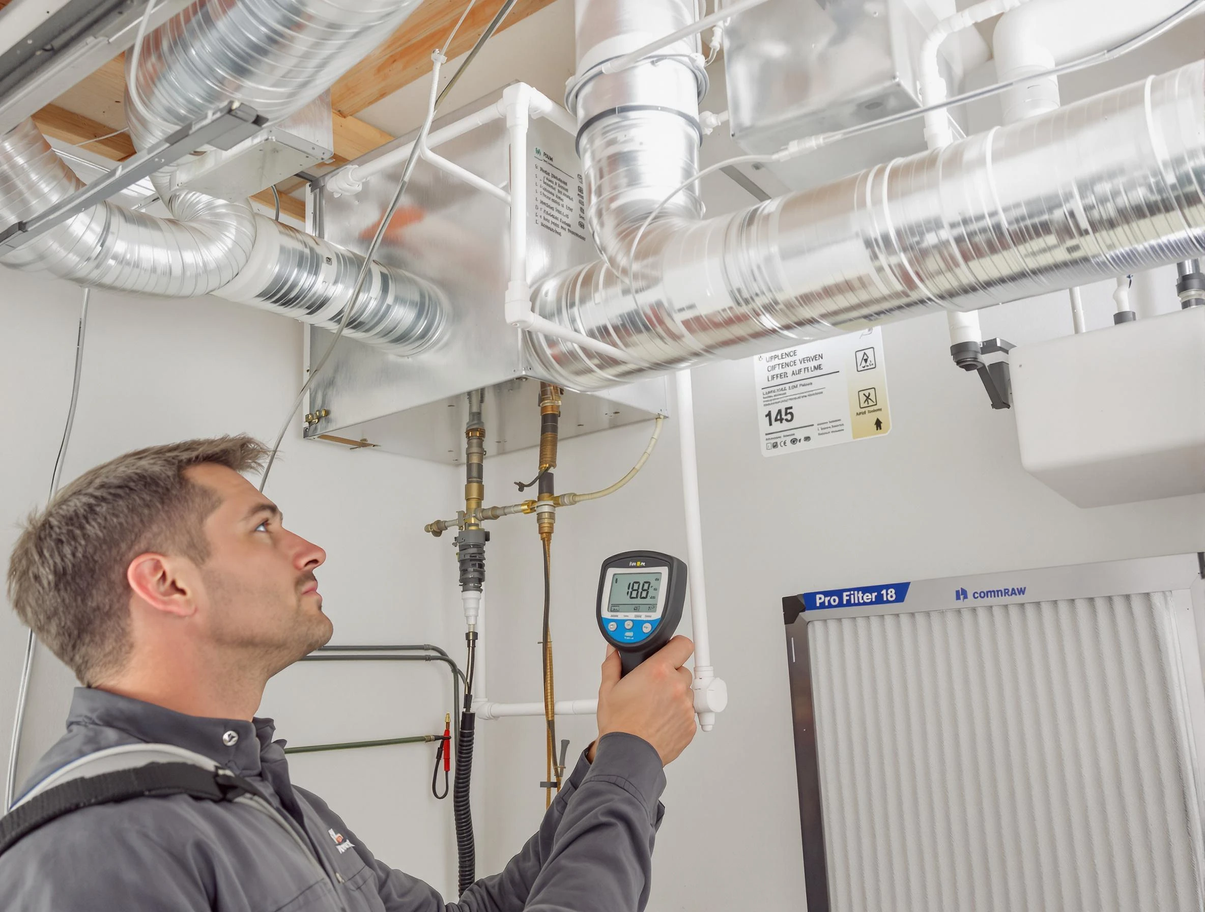 Glen Allen Air Duct Cleaning expert conducting detailed filter system inspection using diagnostic tools in Glen Allen