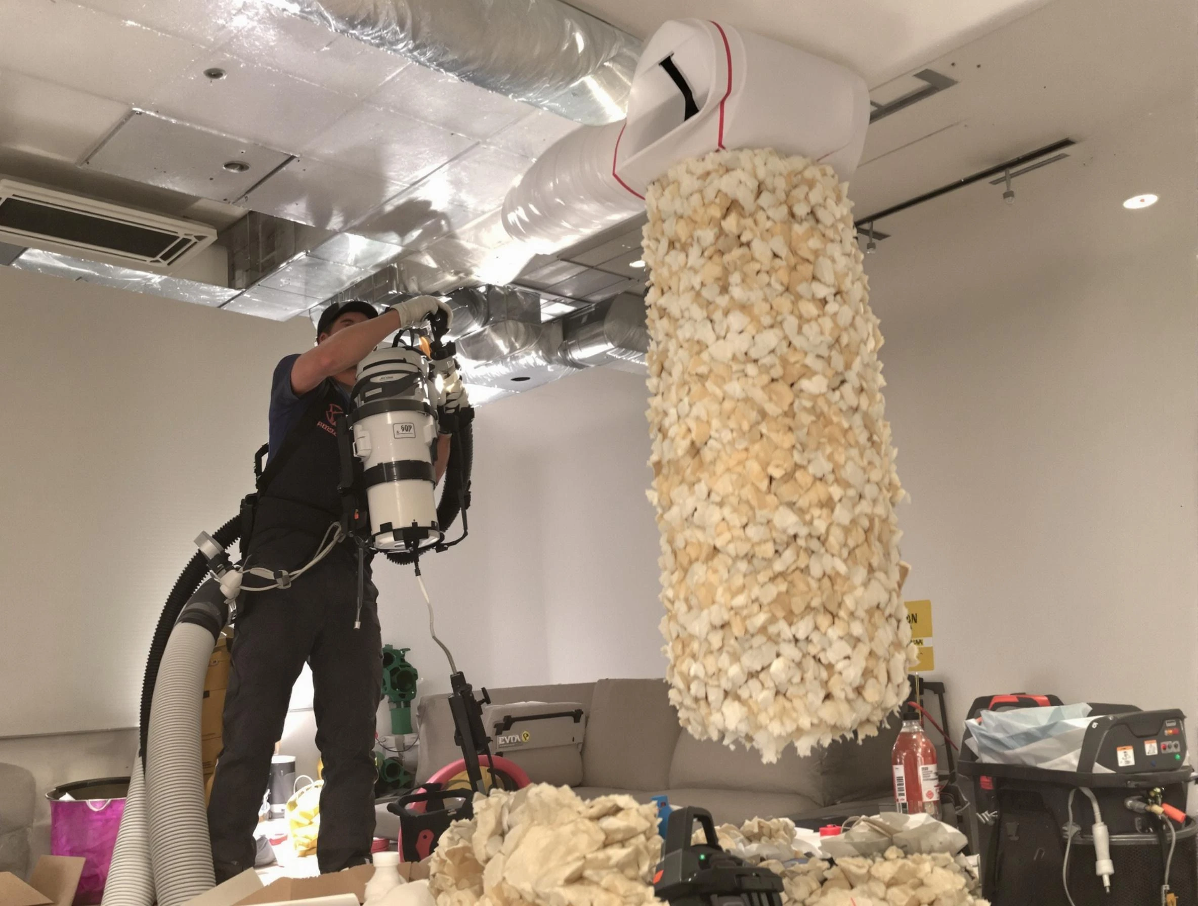 Glen Allen Air Duct Cleaning technician performing precision vacuum insulation removal in a residential property in Glen Allen